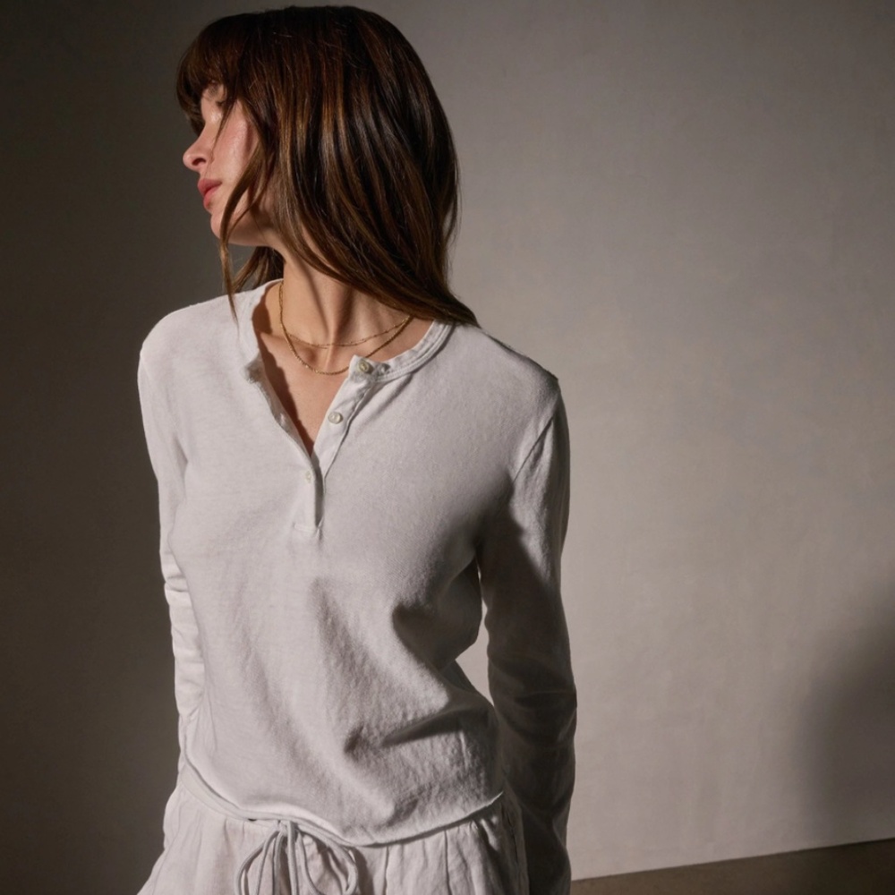 Standard James Perse Linen Cotton Blend Henley Long Sleeve | White | Size 4 (XL)